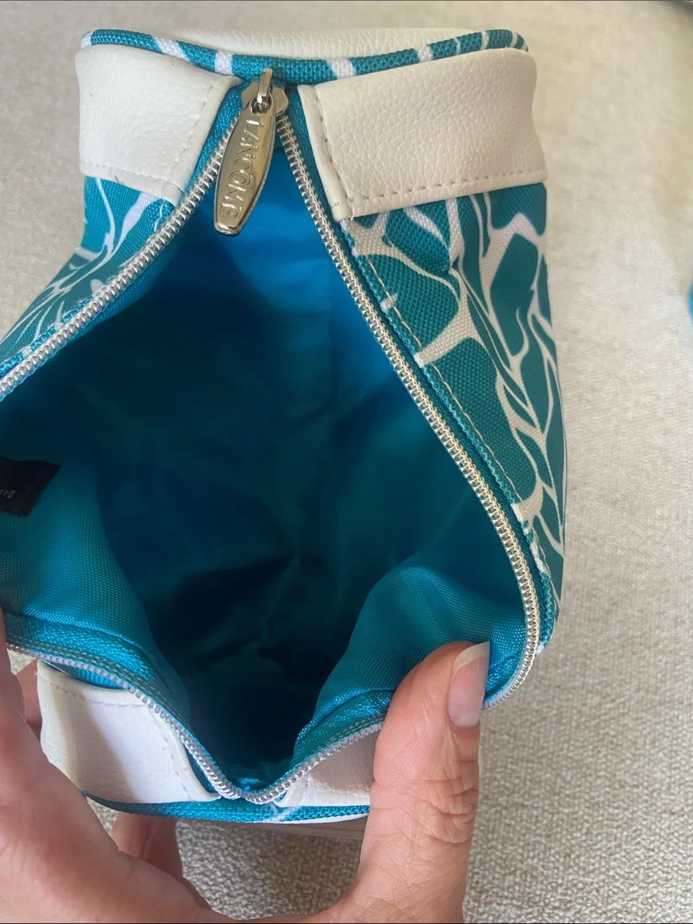 Lancôme Teal and White Floral Tubular Zip Pouch. New, Never used.